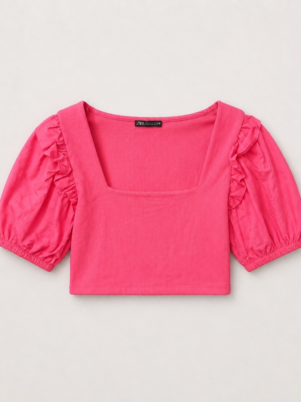 ZARA Pink Square-Neck Puff Sleeve Crop Top